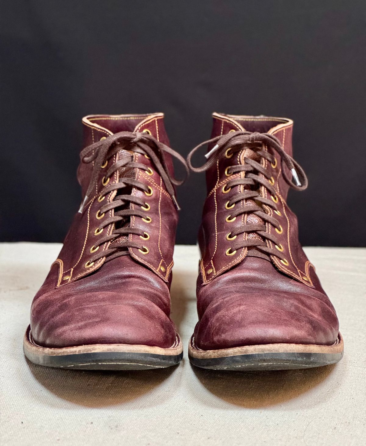Photo by archwild on January 31, 2026 of the Østmo X Iron Boots Type 1 in Hand-Dyed Burgundy Maryam Washed Horsehide.