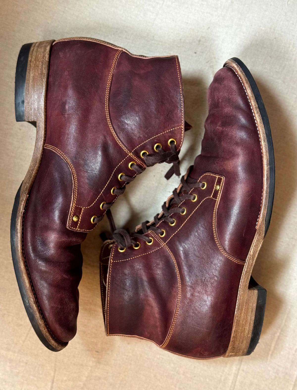 Photo by archwild on January 31, 2026 of the Østmo X Iron Boots Type 1 in Hand-Dyed Burgundy Maryam Washed Horsehide.