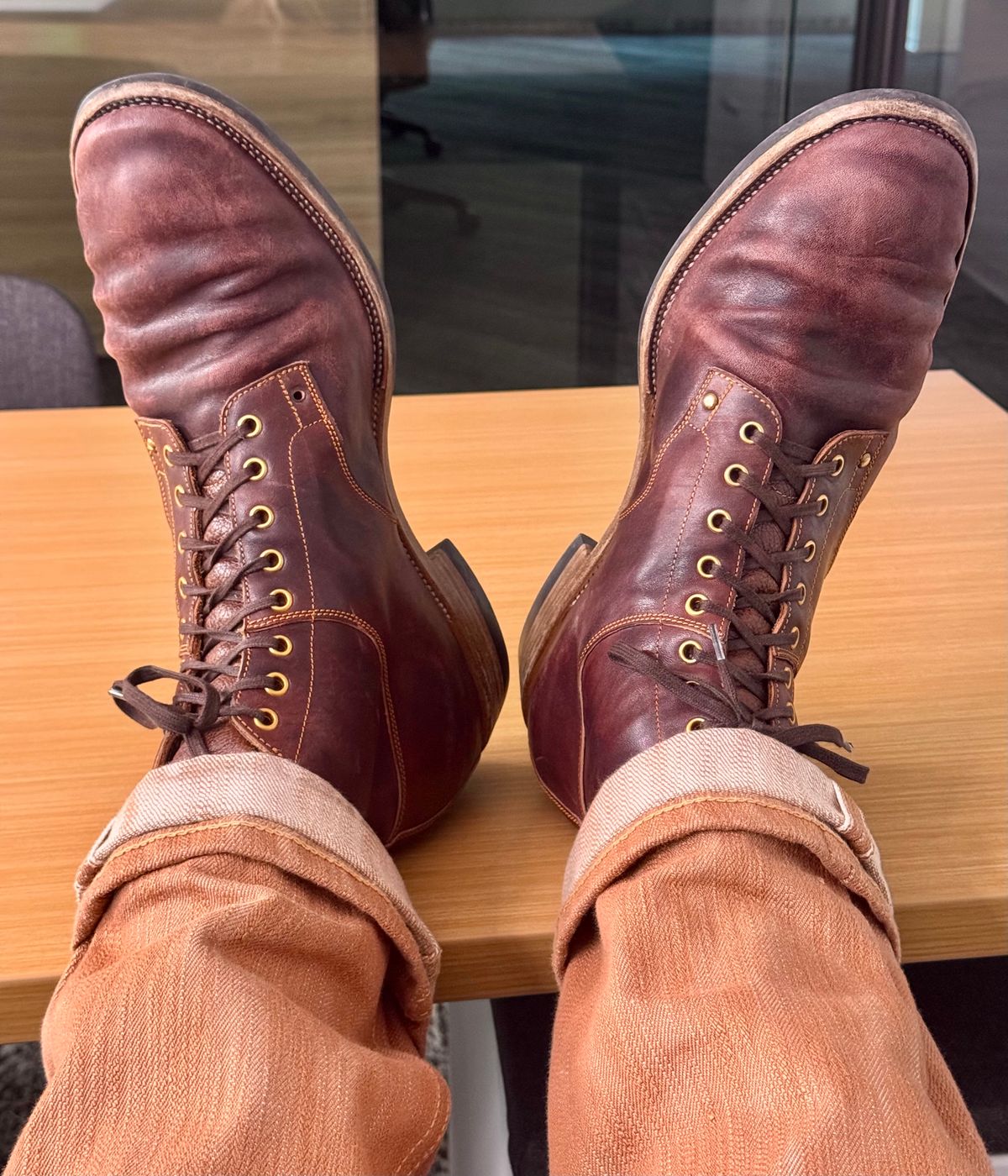 Photo by archwild on February 18, 2026 of the Østmo X Iron Boots Type 1 in Hand-Dyed Burgundy Maryam Washed Horsehide.