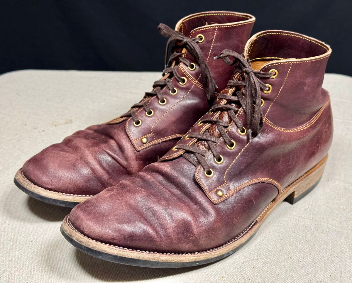 Photo by archwild on March 4, 2026 of the Østmo X Iron Boots Type 1 in Hand-Dyed Burgundy Maryam Washed Horsehide.