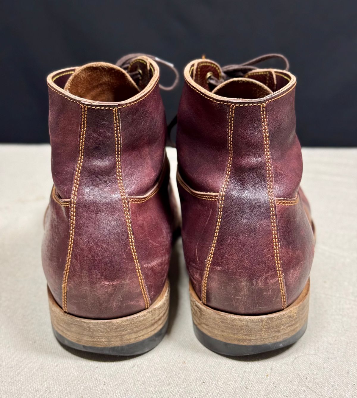 Photo by archwild on March 4, 2026 of the Østmo X Iron Boots Type 1 in Hand-Dyed Burgundy Maryam Washed Horsehide.