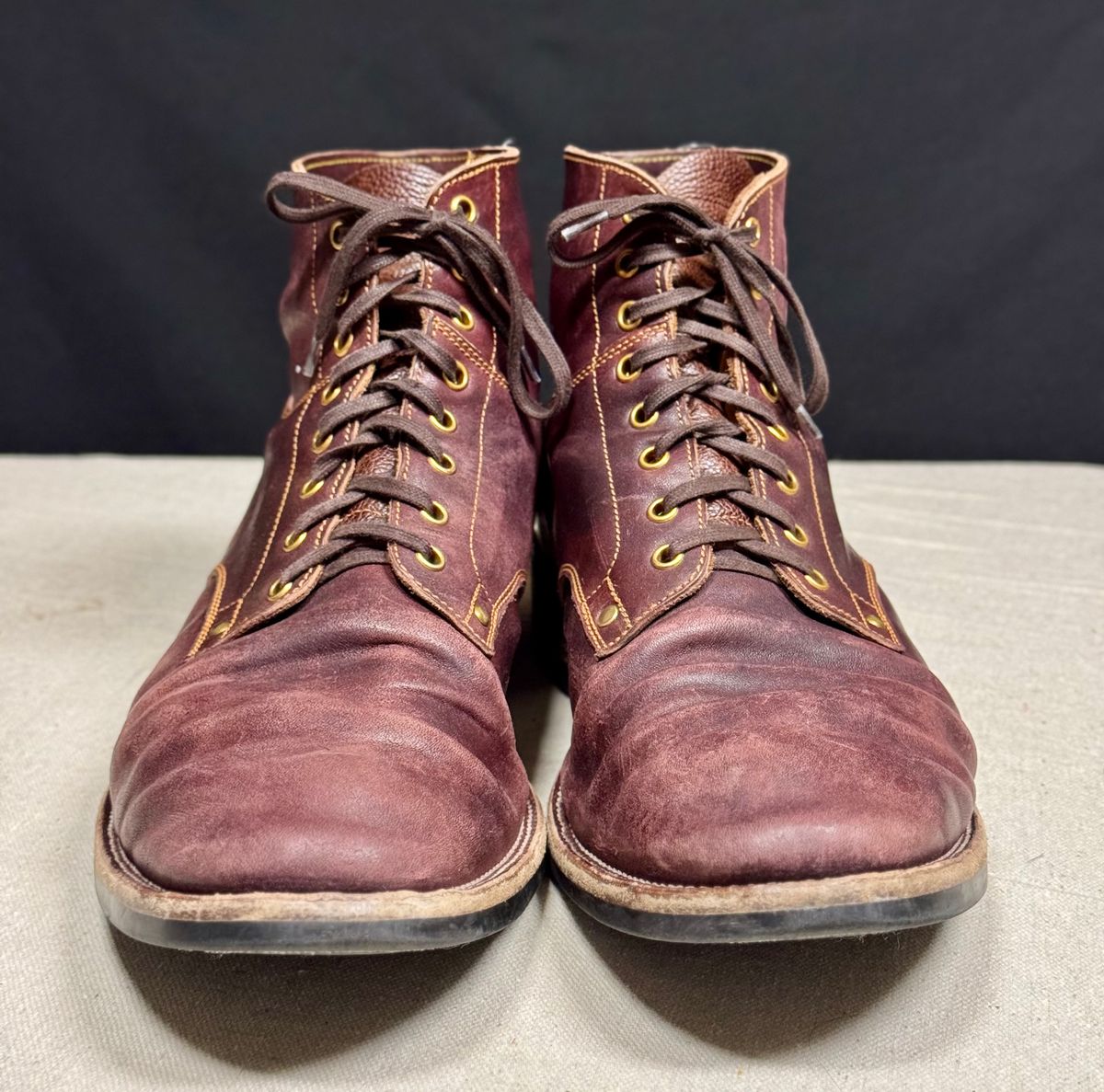 Photo by archwild on March 4, 2026 of the Østmo X Iron Boots Type 1 in Hand-Dyed Burgundy Maryam Washed Horsehide.