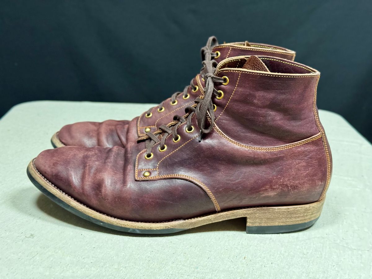 Photo by archwild on March 4, 2026 of the Østmo X Iron Boots Type 1 in Hand-Dyed Burgundy Maryam Washed Horsehide.