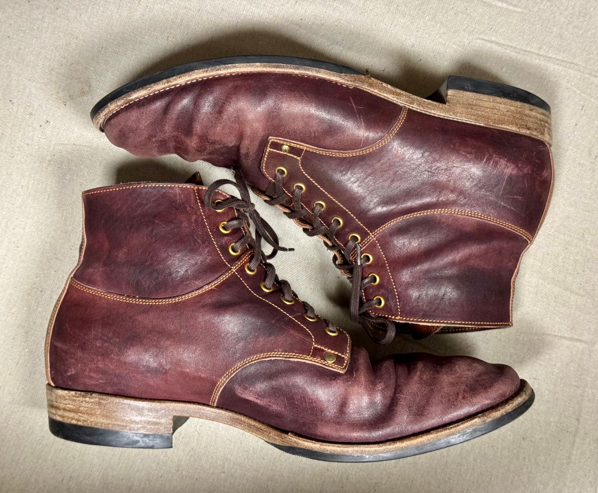 Photo by archwild on March 4, 2026 of the Østmo X Iron Boots Type 1 in Hand-Dyed Burgundy Maryam Washed Horsehide.