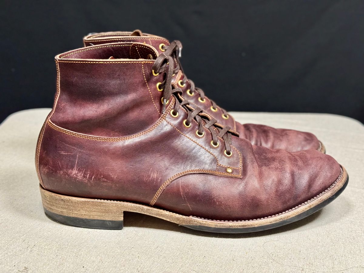 Photo by archwild on March 4, 2026 of the Østmo X Iron Boots Type 1 in Hand-Dyed Burgundy Maryam Washed Horsehide.
