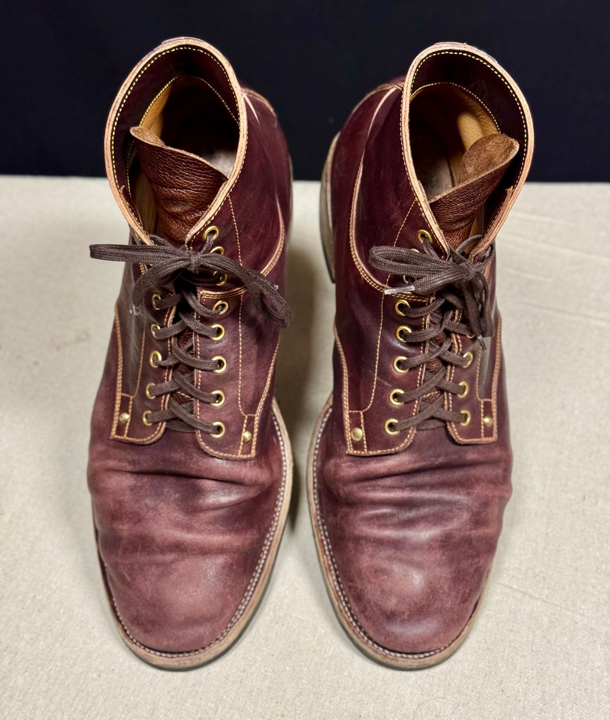 Photo by archwild on March 4, 2026 of the Østmo X Iron Boots Type 1 in Hand-Dyed Burgundy Maryam Washed Horsehide.