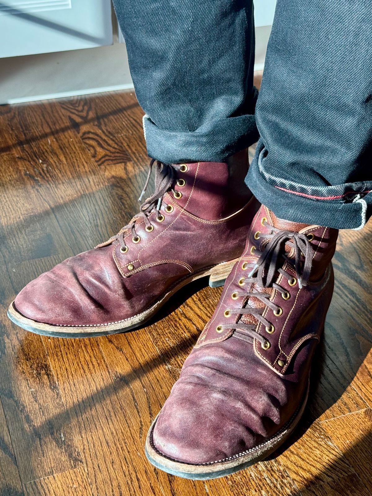 Photo by archwild on March 18, 2026 of the Østmo X Iron Boots Type 1 in Hand-Dyed Burgundy Maryam Washed Horsehide.