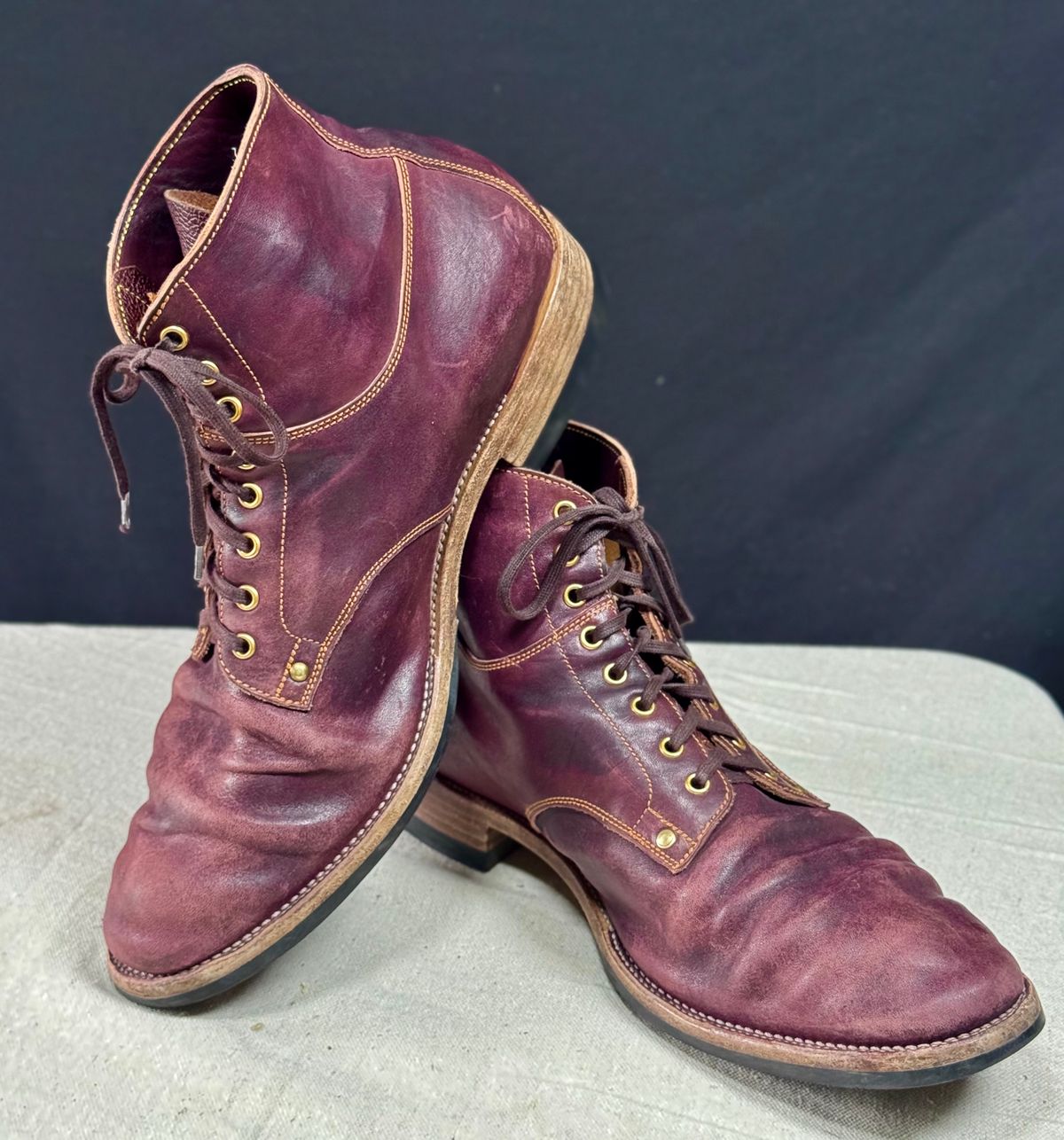 Photo by archwild on April 5, 2026 of the Østmo X Iron Boots Type 1 in Hand-Dyed Burgundy Maryam Washed Horsehide.