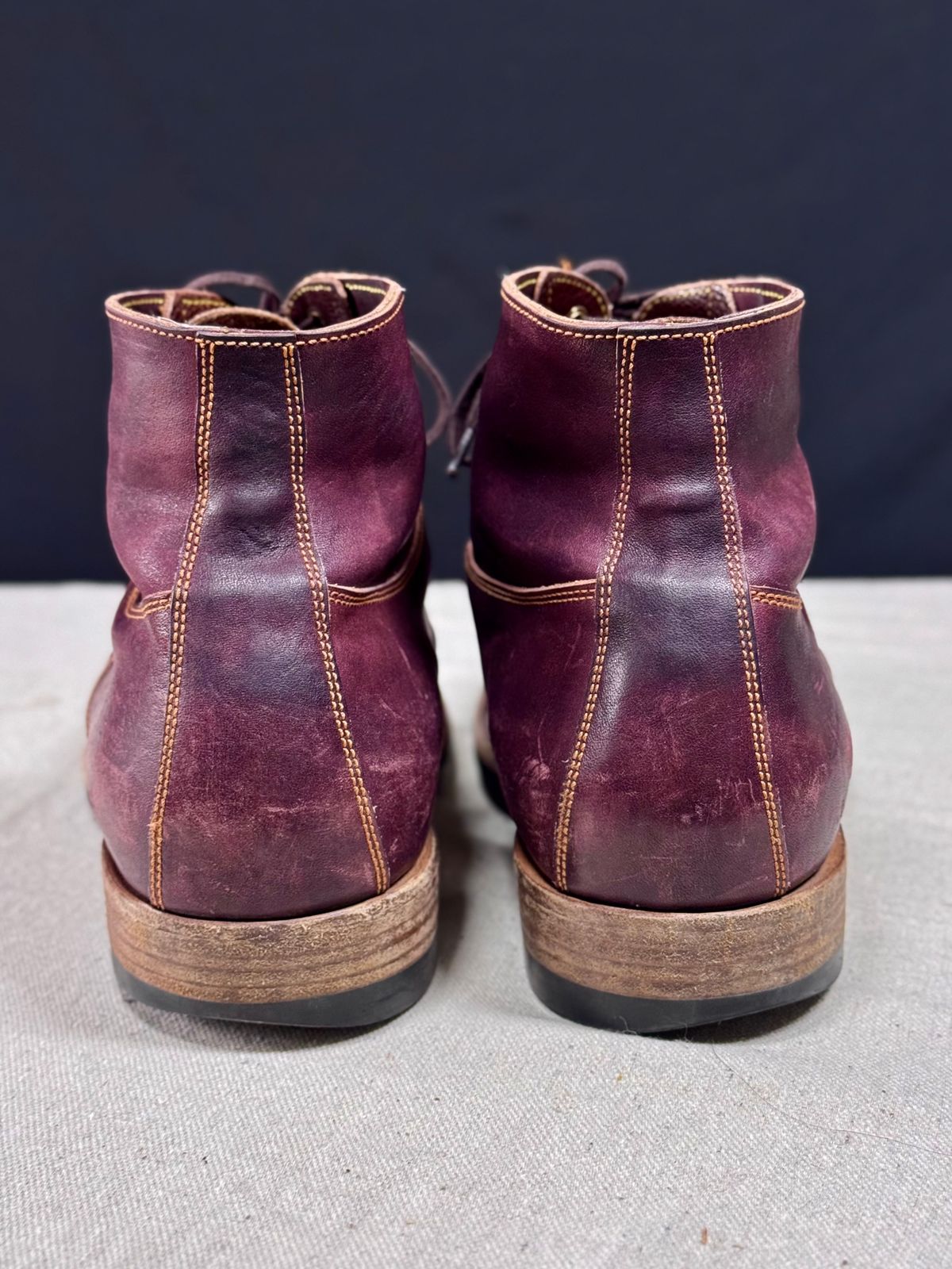 Photo by archwild on April 5, 2026 of the Østmo X Iron Boots Type 1 in Hand-Dyed Burgundy Maryam Washed Horsehide.