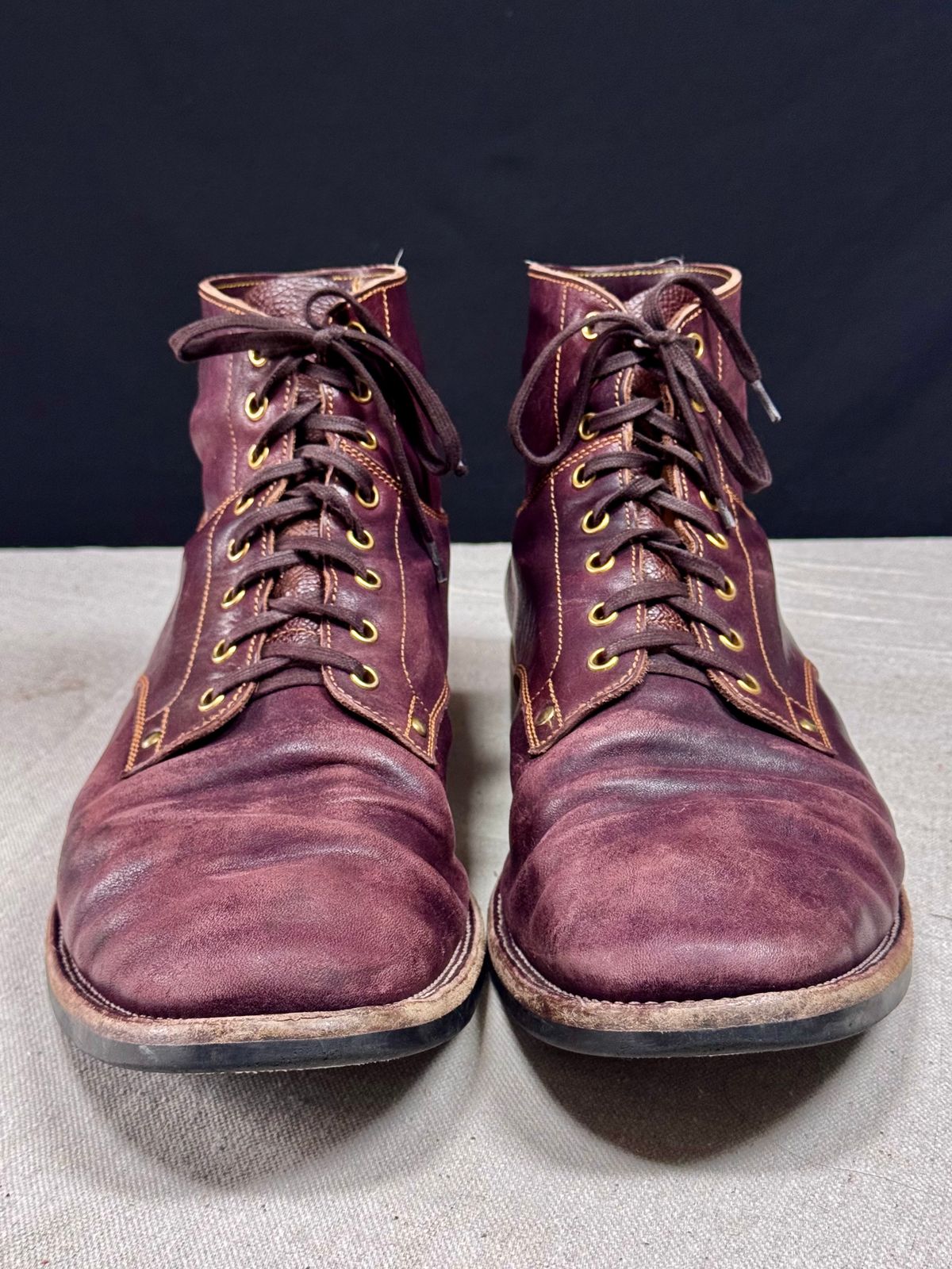 Photo by archwild on April 5, 2026 of the Østmo X Iron Boots Type 1 in Hand-Dyed Burgundy Maryam Washed Horsehide.