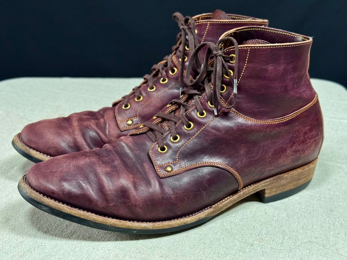 Photo by archwild on April 5, 2026 of the Østmo X Iron Boots Type 1 in Hand-Dyed Burgundy Maryam Washed Horsehide.