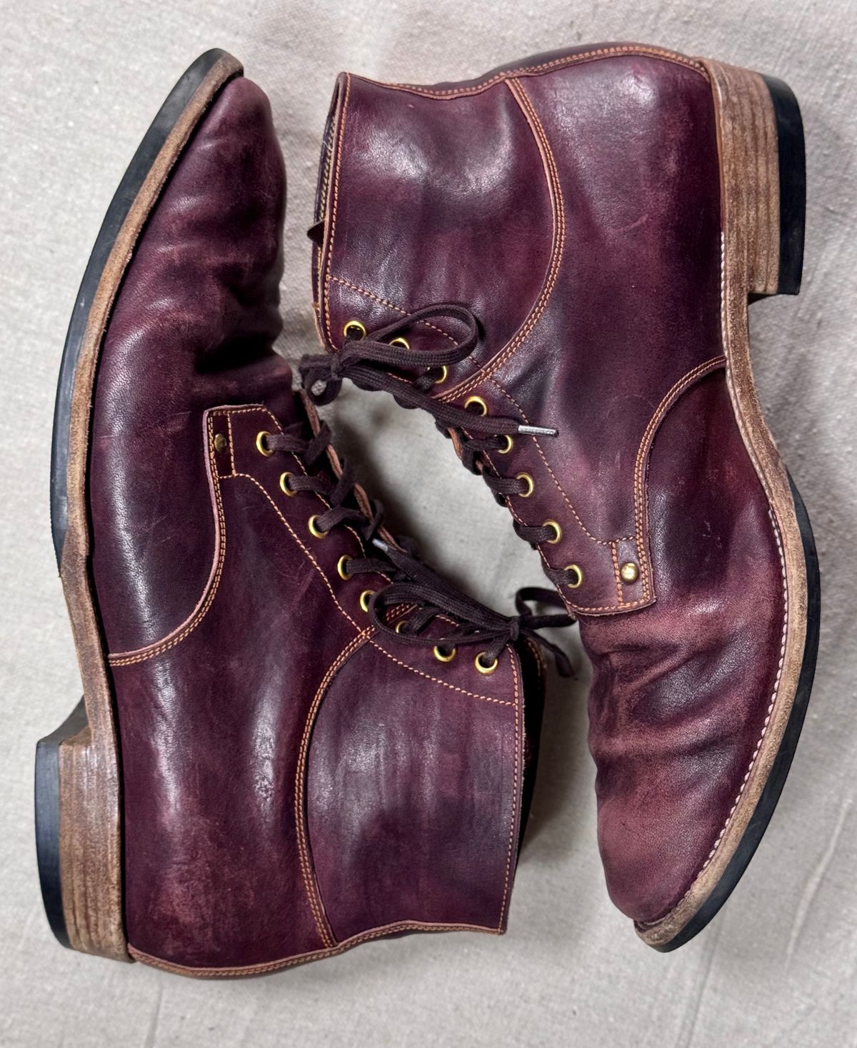 Photo by archwild on April 5, 2026 of the Østmo X Iron Boots Type 1 in Hand-Dyed Burgundy Maryam Washed Horsehide.