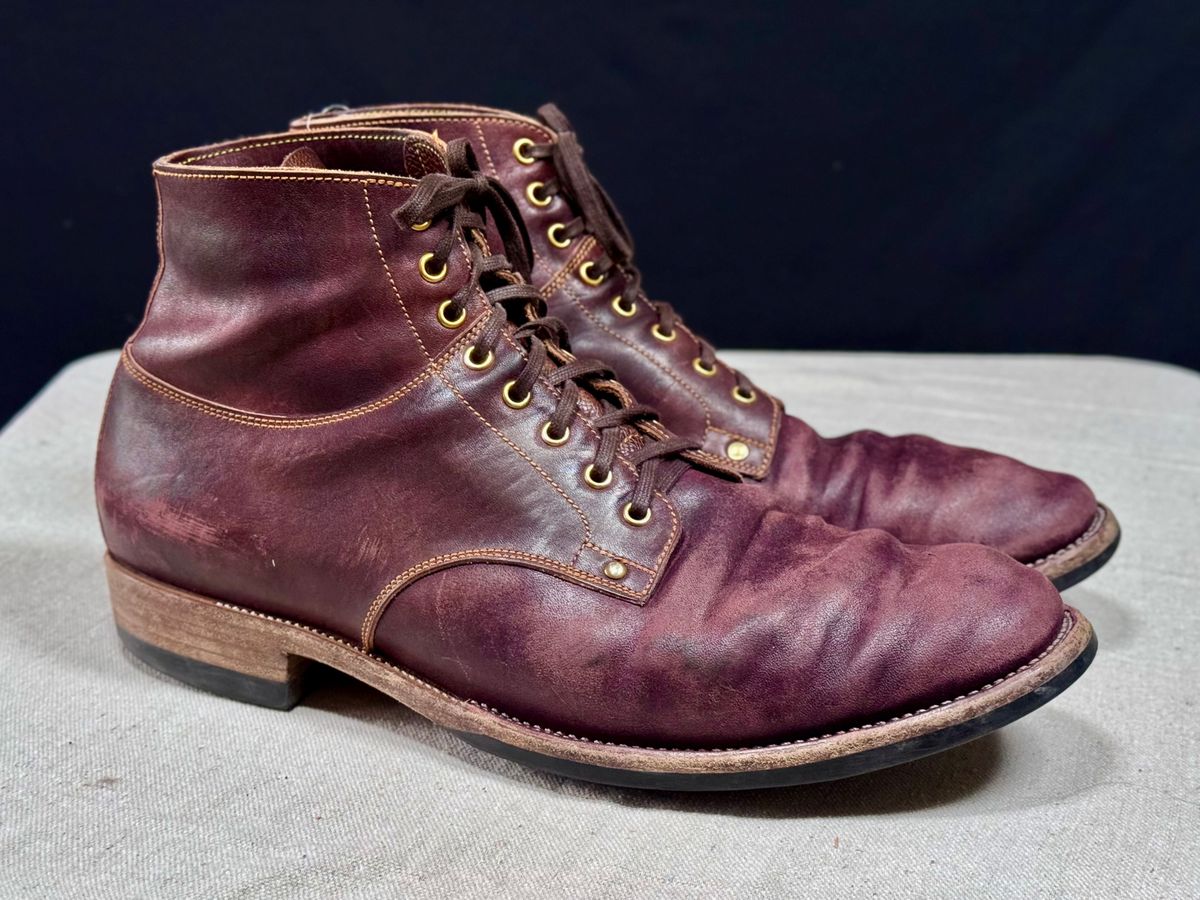 Photo by archwild on April 5, 2026 of the Østmo X Iron Boots Type 1 in Hand-Dyed Burgundy Maryam Washed Horsehide.
