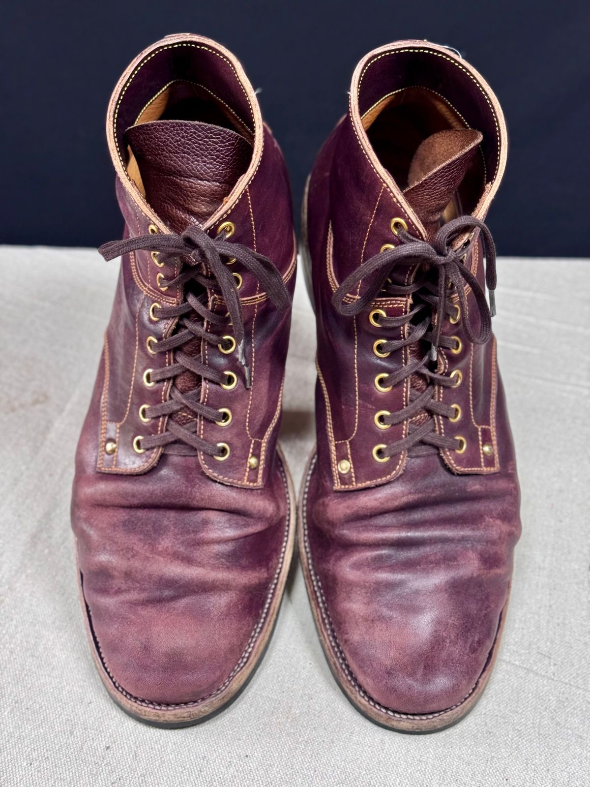 Photo by archwild on April 5, 2026 of the Østmo X Iron Boots Type 1 in Hand-Dyed Burgundy Maryam Washed Horsehide.
