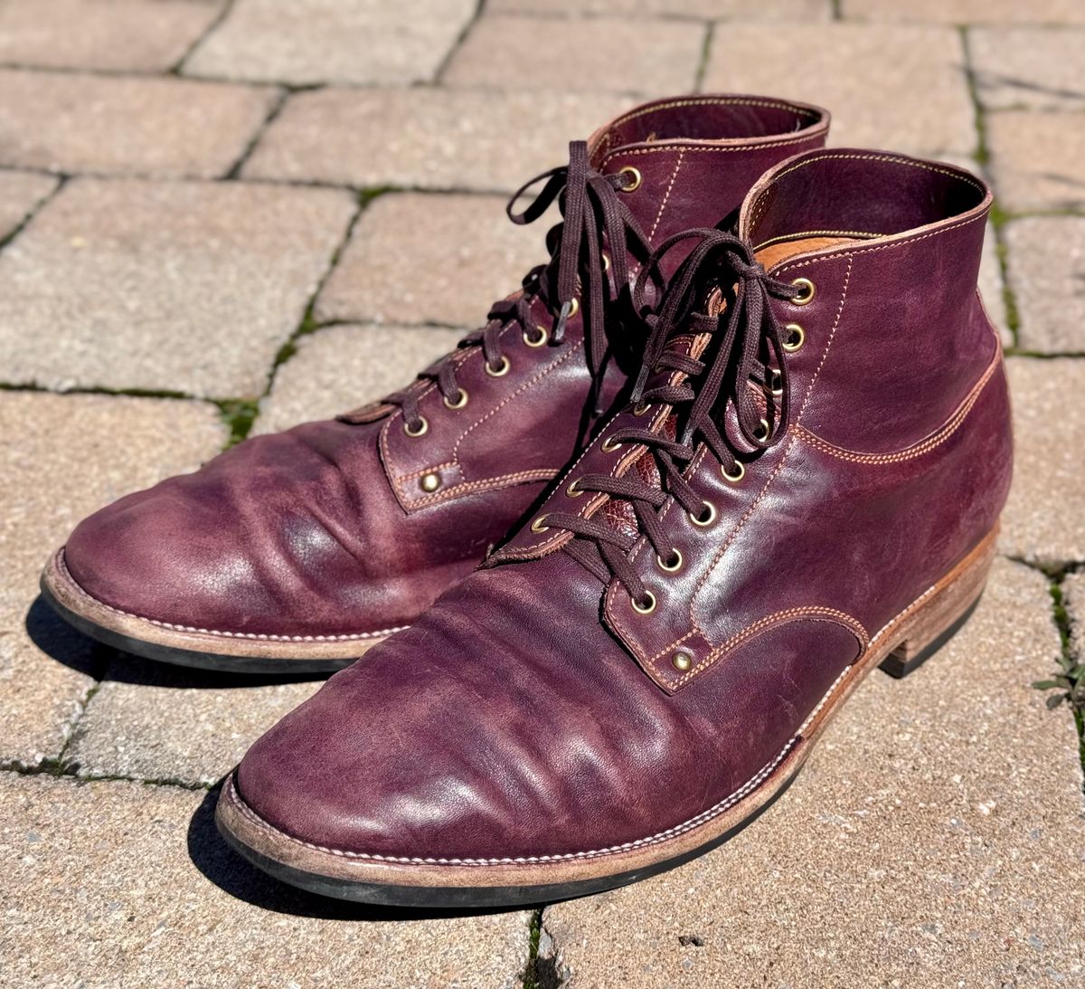 Photo by archwild on April 5, 2026 of the Østmo X Iron Boots Type 1 in Hand-Dyed Burgundy Maryam Washed Horsehide.