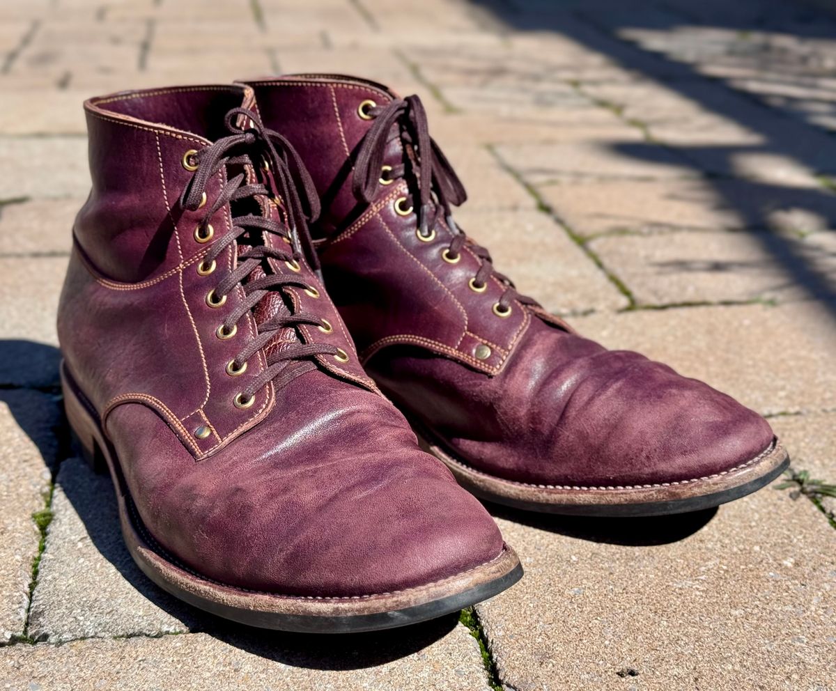 Photo by archwild on April 5, 2026 of the Østmo X Iron Boots Type 1 in Hand-Dyed Burgundy Maryam Washed Horsehide.