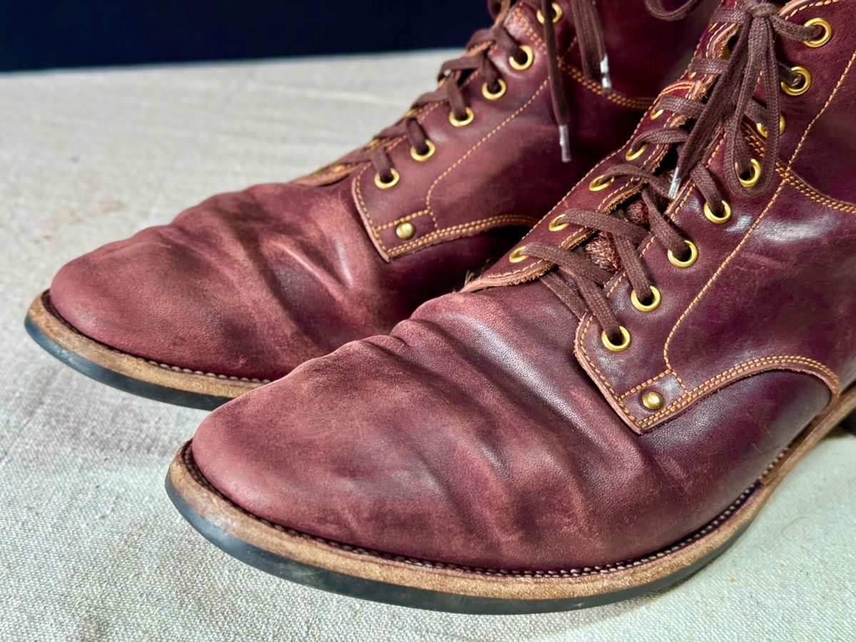 Photo by archwild on April 5, 2026 of the Østmo X Iron Boots Type 1 in Hand-Dyed Burgundy Maryam Washed Horsehide.