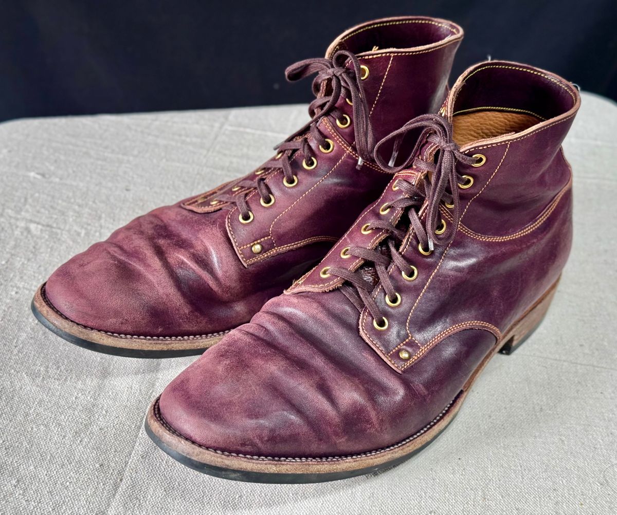 Photo by archwild on April 5, 2026 of the Østmo X Iron Boots Type 1 in Hand-Dyed Burgundy Maryam Washed Horsehide.