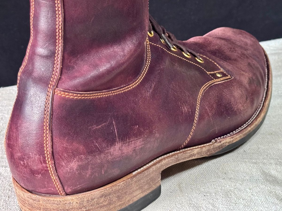 Photo by archwild on April 5, 2026 of the Østmo X Iron Boots Type 1 in Hand-Dyed Burgundy Maryam Washed Horsehide.