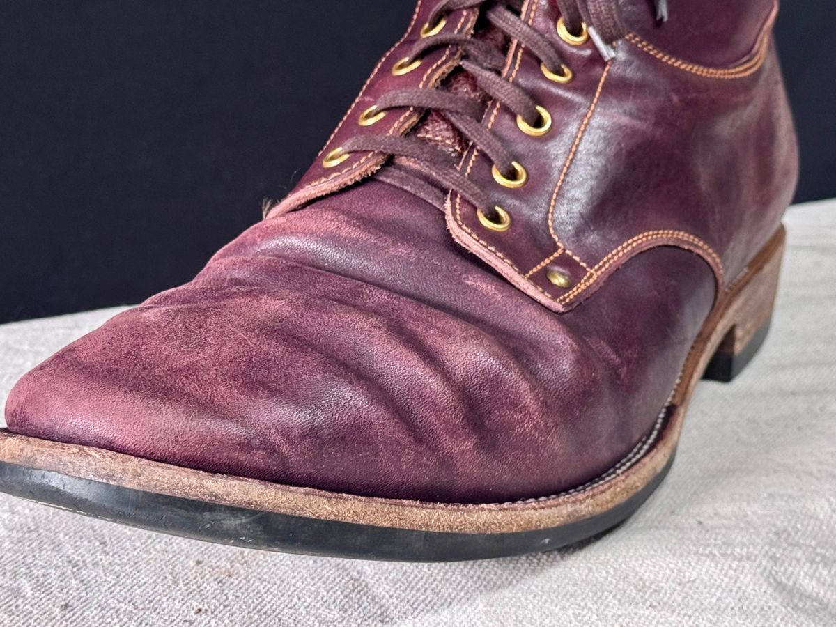 Photo by archwild on April 5, 2026 of the Østmo X Iron Boots Type 1 in Hand-Dyed Burgundy Maryam Washed Horsehide.
