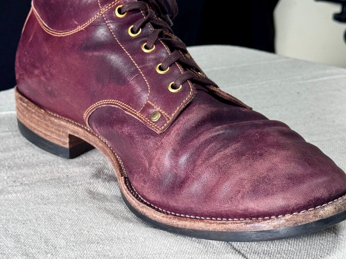 Photo by archwild on April 5, 2026 of the Østmo X Iron Boots Type 1 in Hand-Dyed Burgundy Maryam Washed Horsehide.