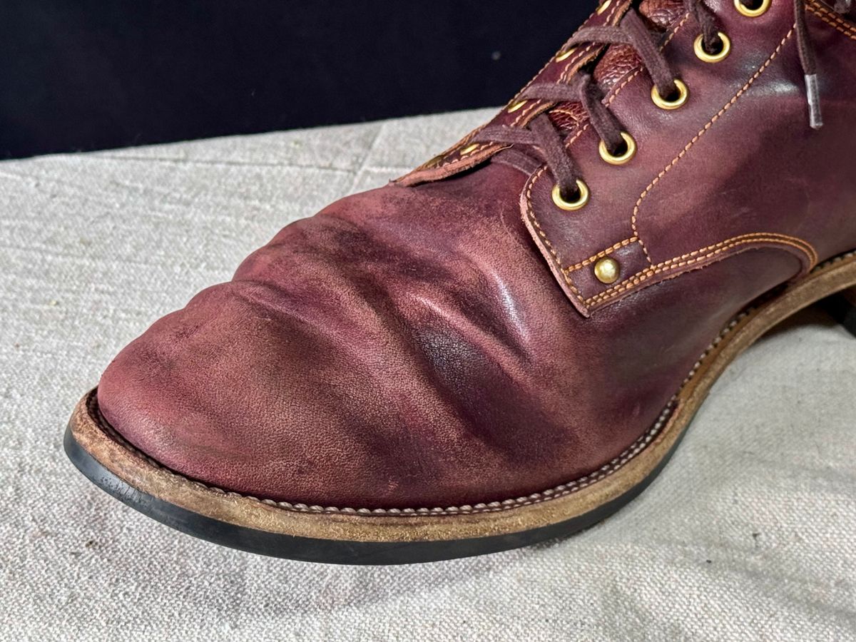 Photo by archwild on April 5, 2026 of the Østmo X Iron Boots Type 1 in Hand-Dyed Burgundy Maryam Washed Horsehide.