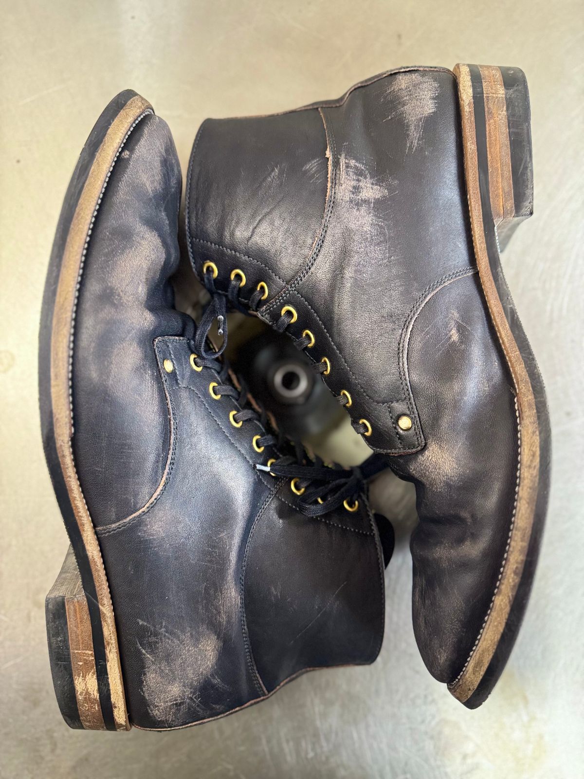 Photo by archwild on December 3, 2024 of the Iron Boots x Østmo Type 1 in Maryam Black Hand-Dyed Horsehide.