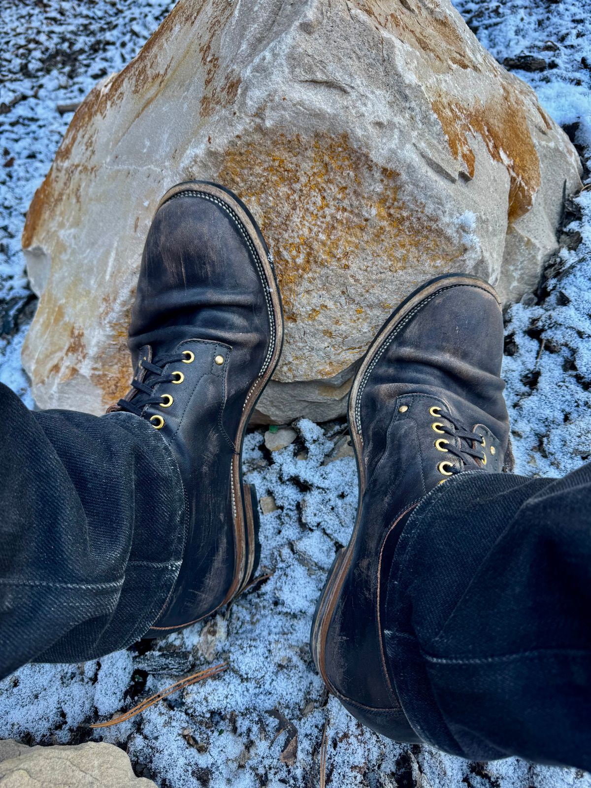 Photo by archwild on April 5, 2025 of the Iron Boots x Østmo Type 1 in Maryam Black Hand-Dyed Horsehide.