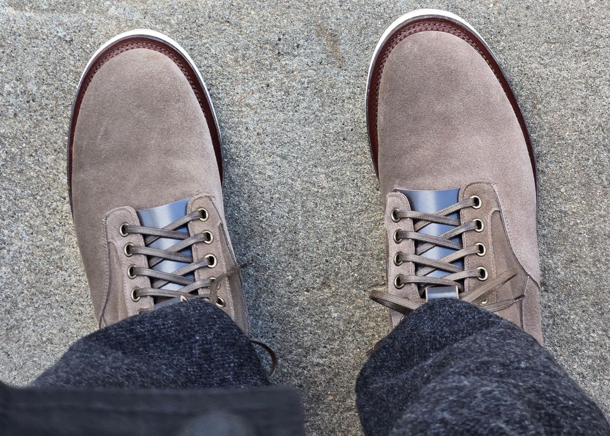 Photo by chuligani on November 19, 2025 of the Viberg Scout Boot in C.F. Stead Fog Janus Calf Suede.