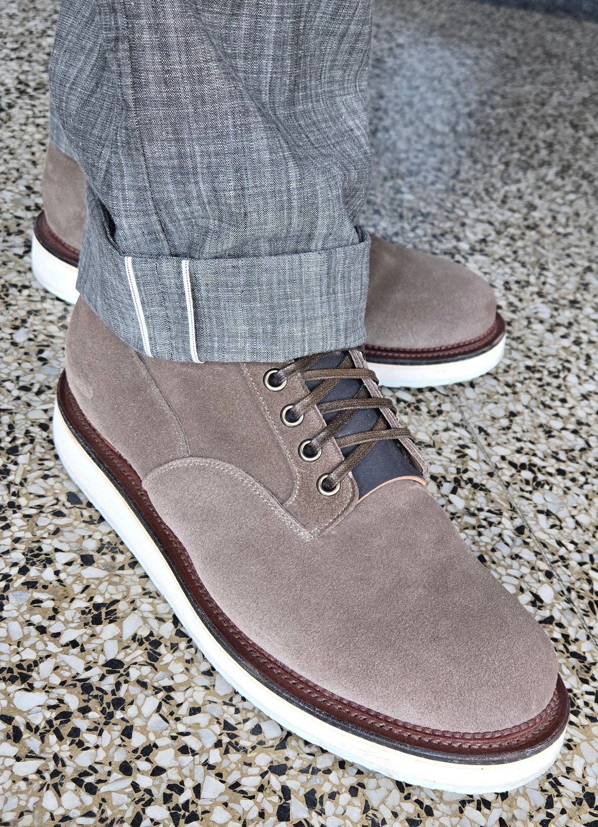 Photo by chuligani on June 6, 2026 of the Viberg Scout Boot in C.F. Stead Fog Janus Calf Suede.