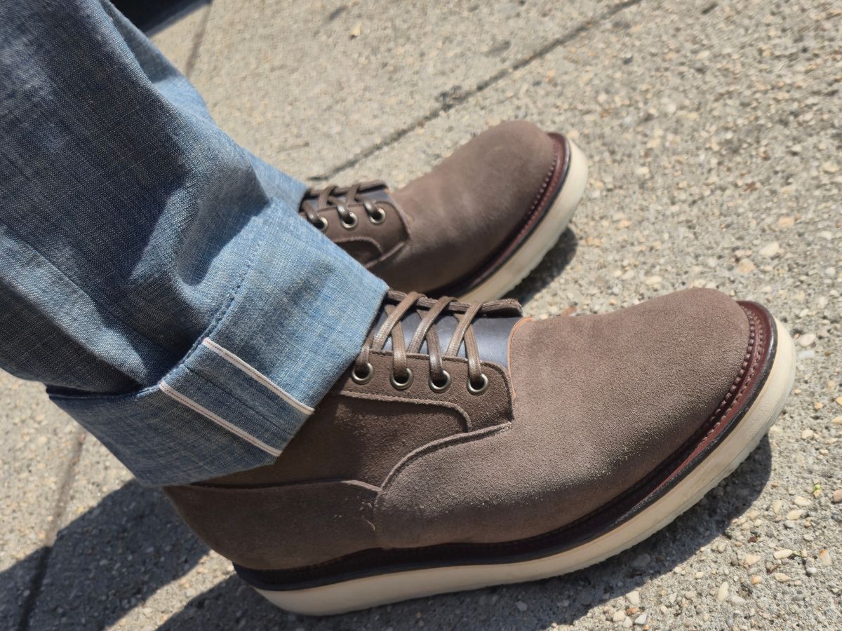 Photo by chuligani on July 1, 2026 of the Viberg Scout Boot in C.F. Stead Fog Janus Calf Suede.