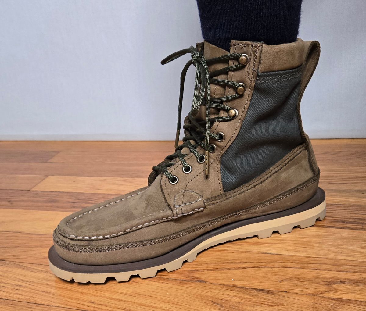 Photo by chuligani on May 31, 2026 of the Russell Moccasin Co. Joe's PH in S.B. Foot Sage Chamois & Olive Twill.