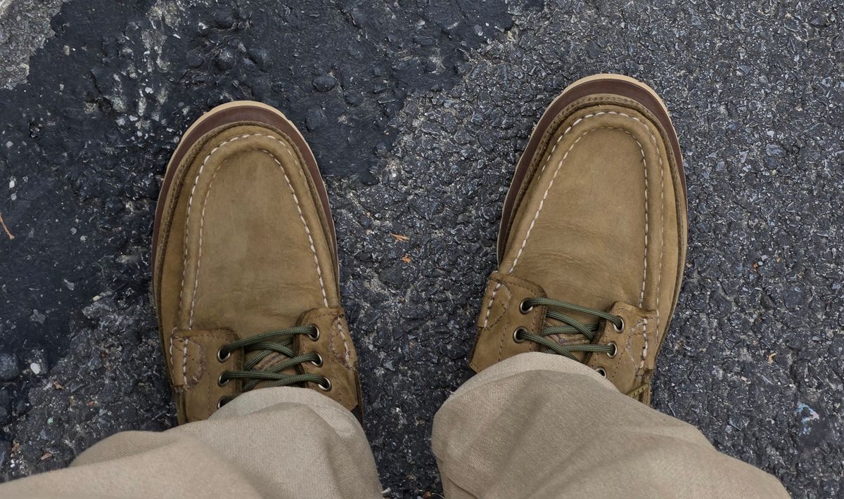Photo by chuligani on June 1, 2026 of the Russell Moccasin Co. Joe's PH in S.B. Foot Sage Chamois & Olive Twill.