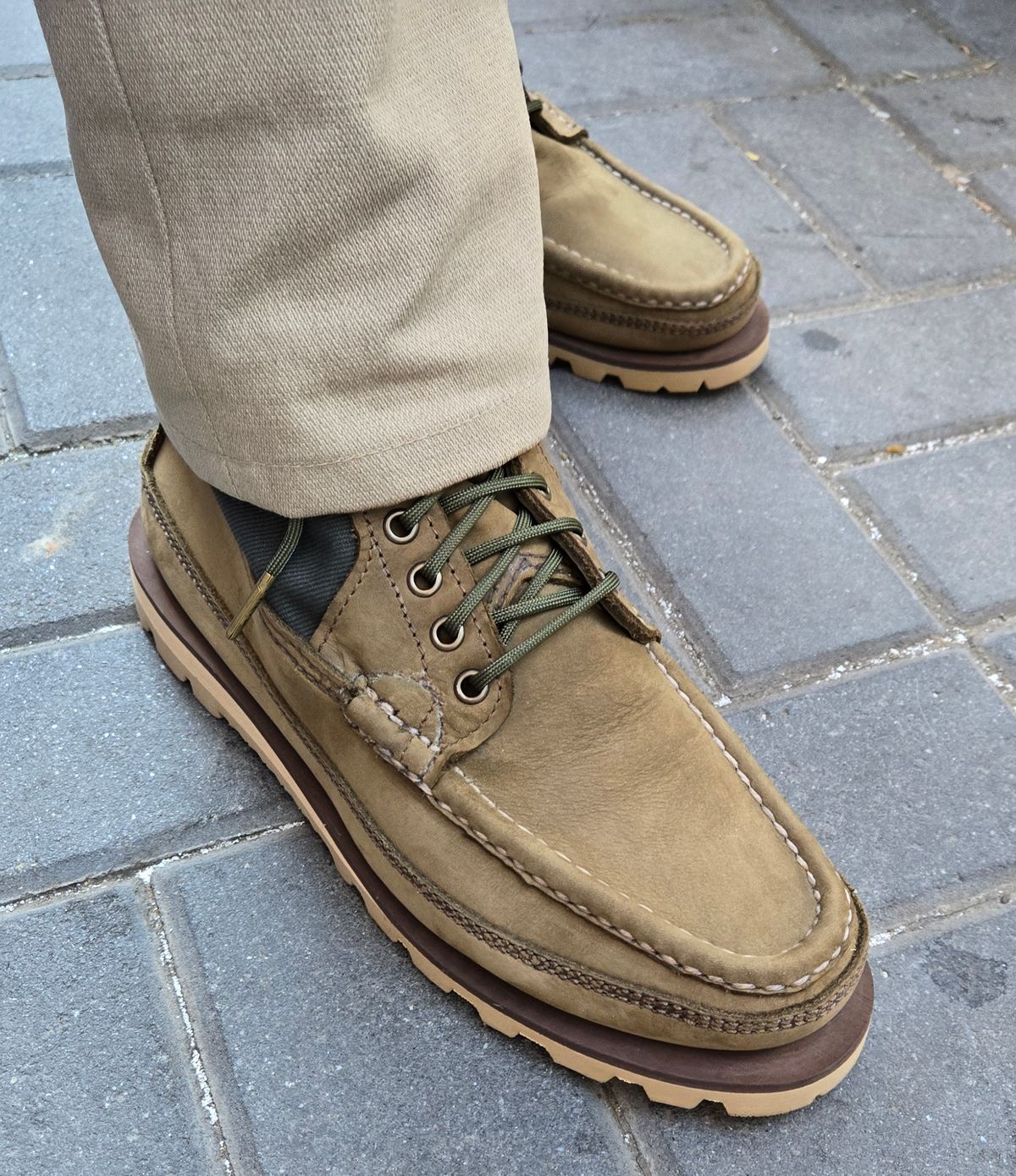 Photo by chuligani on June 1, 2026 of the Russell Moccasin Co. Joe's PH in S.B. Foot Sage Chamois & Olive Twill.