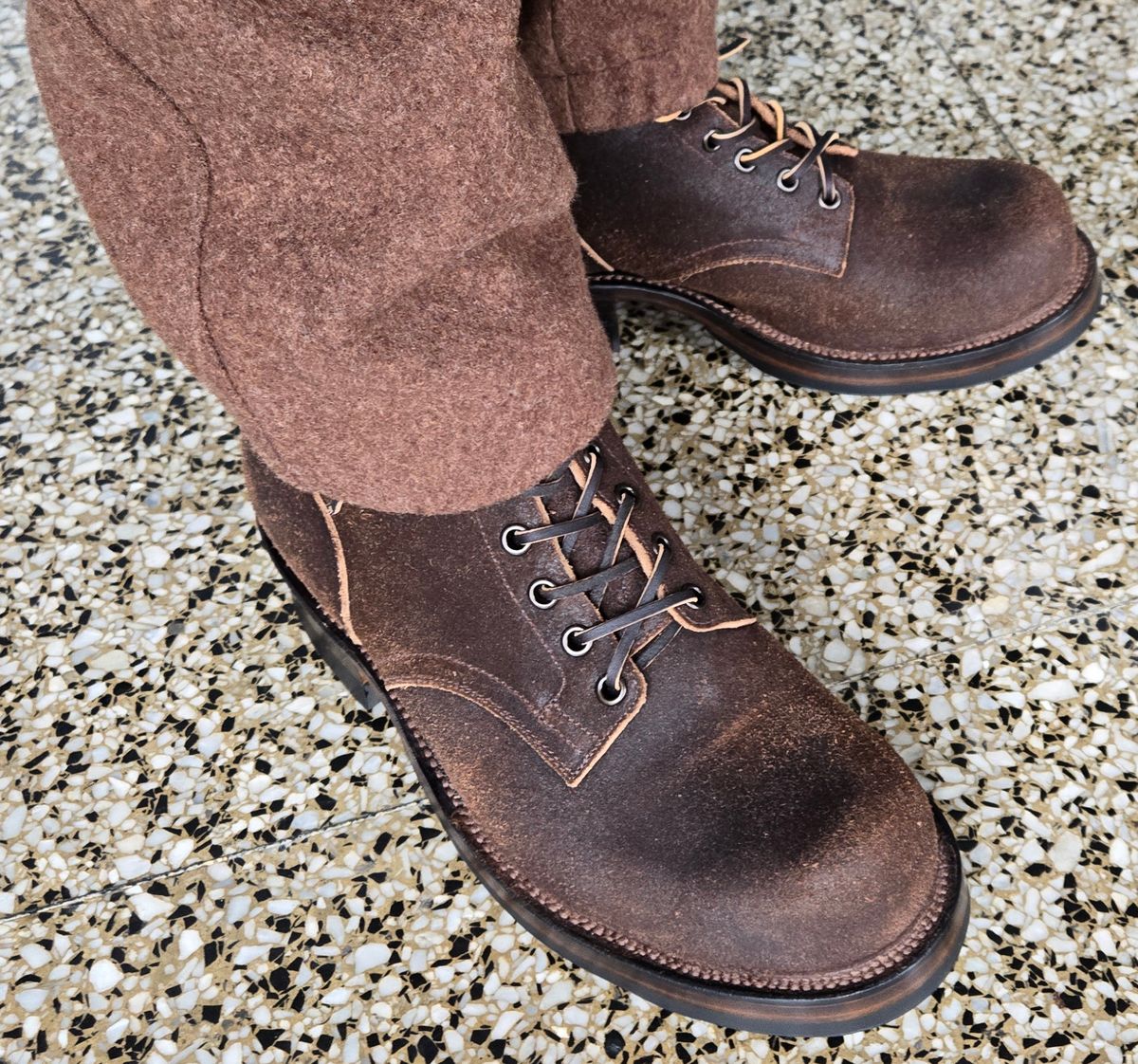 Photo by chuligani on February 23, 2026 of the Viberg Service Boot in Horween Washed Waxed Flesh Brown.