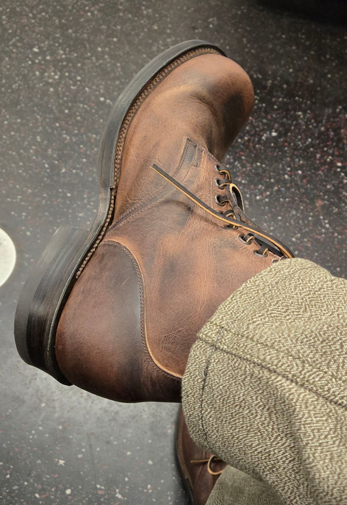 Photo by chuligani on May 1, 2026 of the Viberg Service Boot in Horween Rowdy Dachshund.