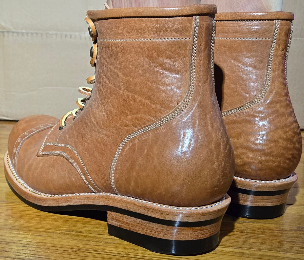 Photo by chuligani on September 4, 2025 of the Prof Barnets Bulky Cap Toe Boots in Maryam Shrunken Horse Culatta Honey.