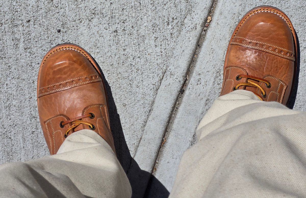 Photo by chuligani on April 9, 2026 of the Prof Barnets Bulky Cap Toe Boots in Maryam Shrunken Horse Culatta Honey.