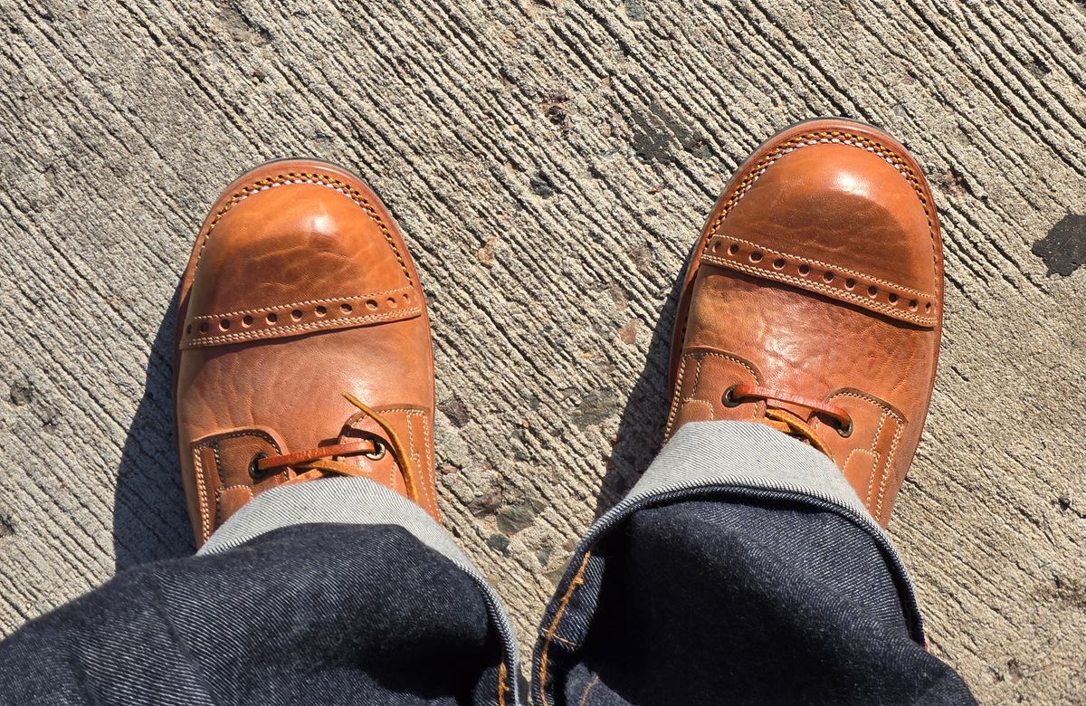 Photo by chuligani on April 24, 2026 of the Prof Barnets Bulky Cap Toe Boots in Maryam Shrunken Horse Culatta Honey.