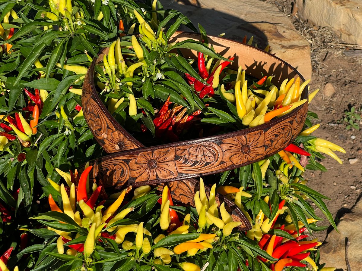 Photo by thenewreligion on October 4, 2025 of the Jarrett Van Curen Tooled Western Belt in Unknown Natural Veg Tan.