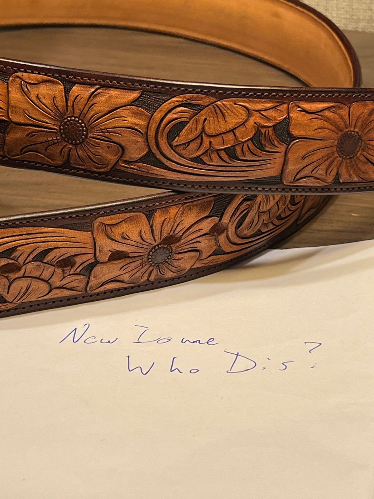 Photo by thenewreligion on October 5, 2025 of the Jarrett Van Curen Tooled Western Belt in Unknown Natural Veg Tan.