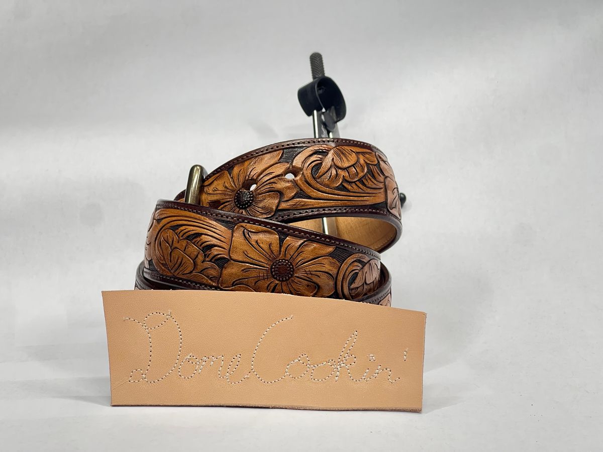 Photo by thenewreligion on November 6, 2025 of the Jarrett Van Curen Tooled Western Belt in Unknown Natural Veg Tan.