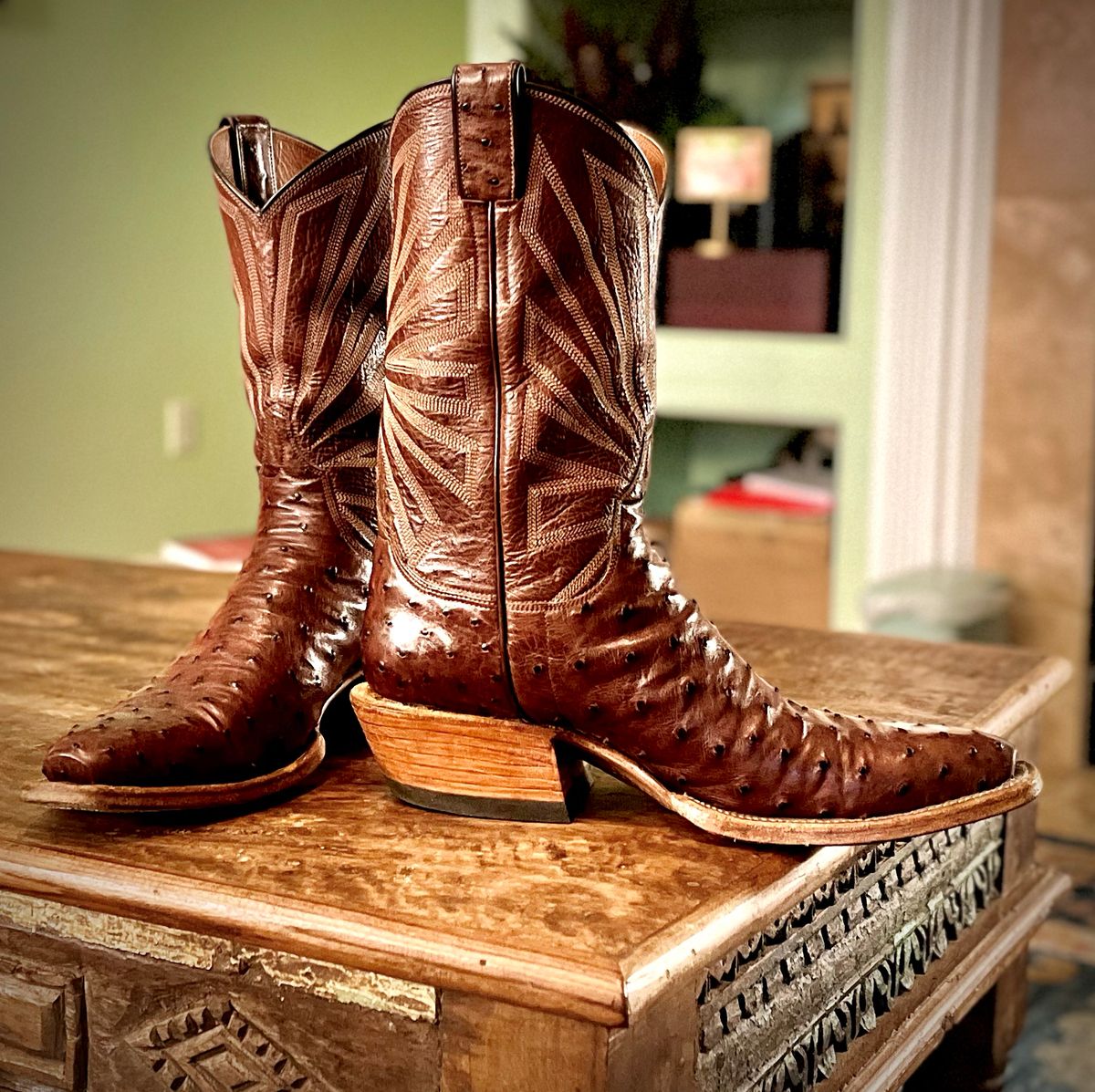 Photo by thenewreligion on October 29, 2024 of the Self-Made Cowboy Boot in Kango Tobac Ostrich.