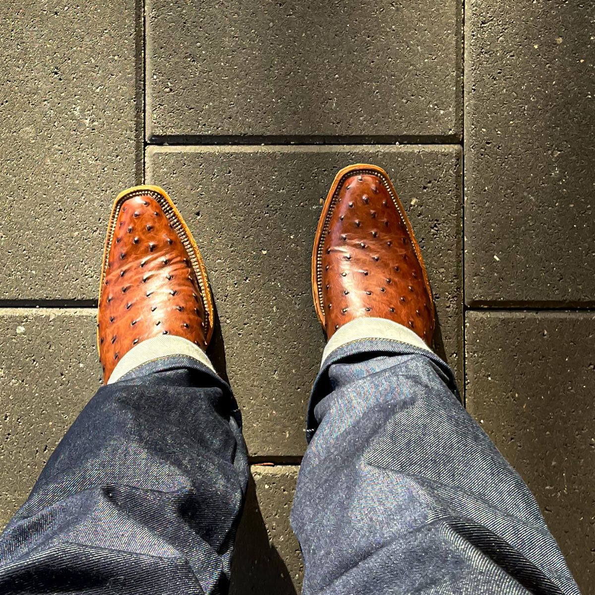Photo by thenewreligion on November 4, 2024 of the Self-Made Cowboy Boot in Kango Tobac Ostrich.