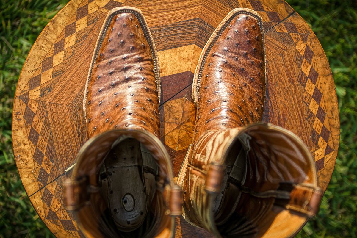 Photo by thenewreligion on March 5, 2025 of the Self-Made Cowboy Boot in Kango Tobac Ostrich.