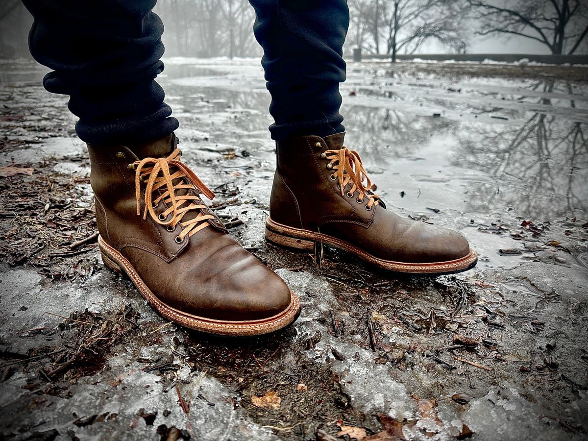 Photo by DenimKnight on February 16, 2025 of the Parkhurst The Allen in Maryam Asphalt Waxed Horsebutt.