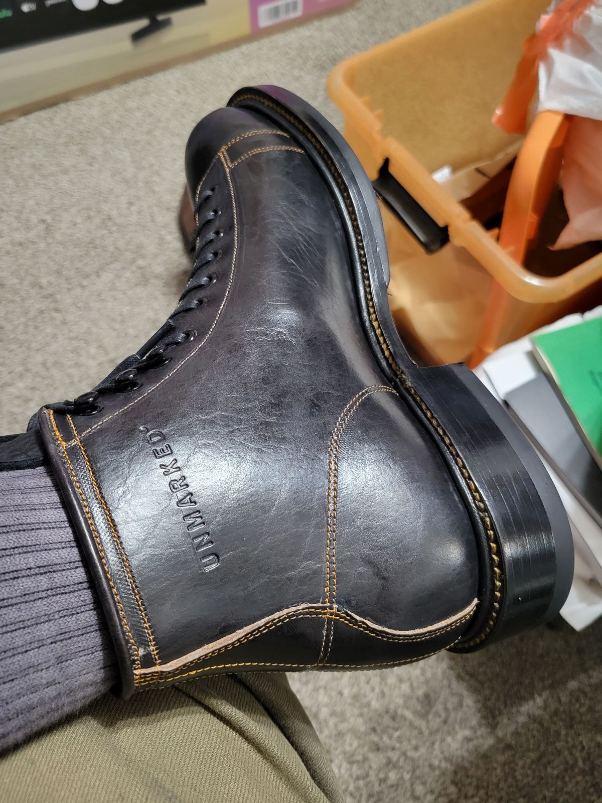 Photo by GrantR on November 14, 2025 of the Unmarked Archie Boots in Cisne Black Vegetable-Tanned Bison.