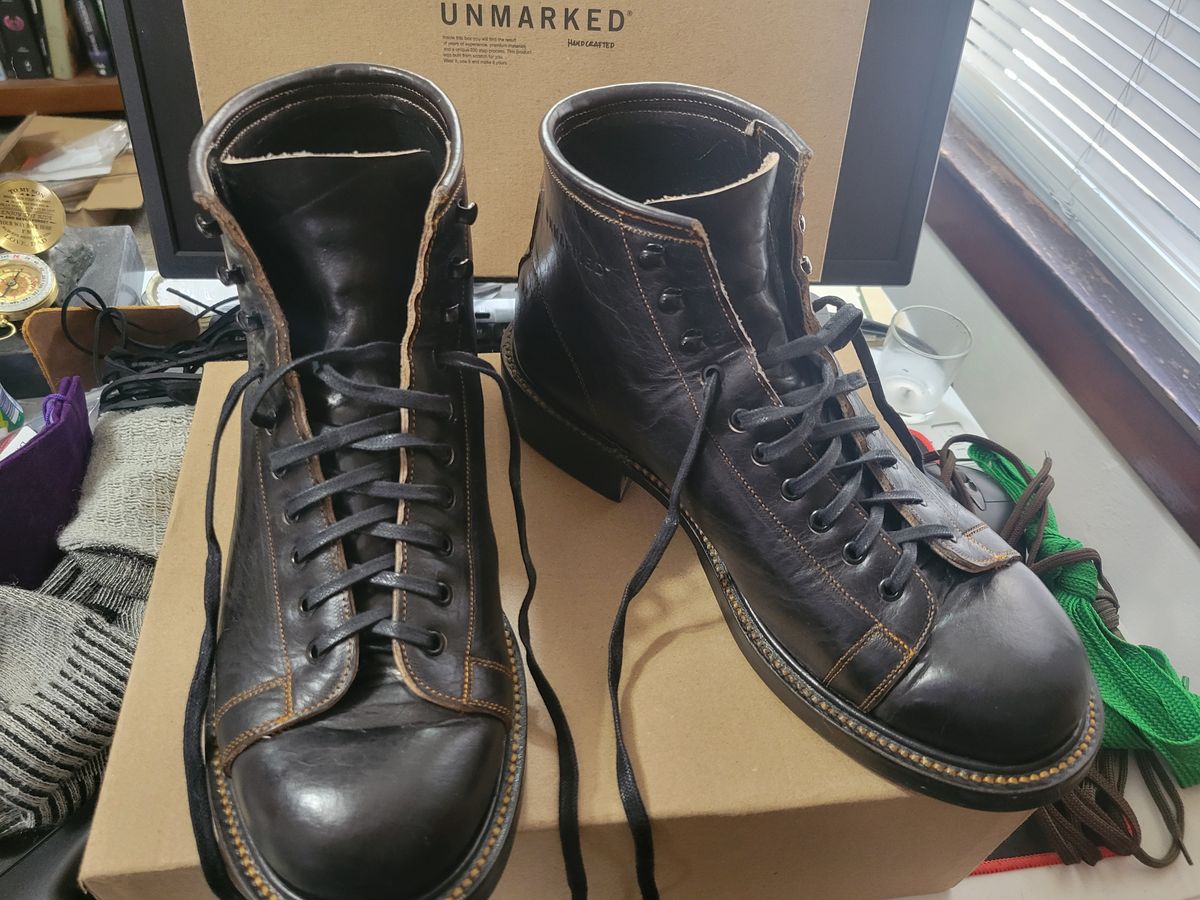 Photo by GrantR on November 17, 2025 of the Unmarked Archie Boots in Cisne Black Vegetable-Tanned Bison.