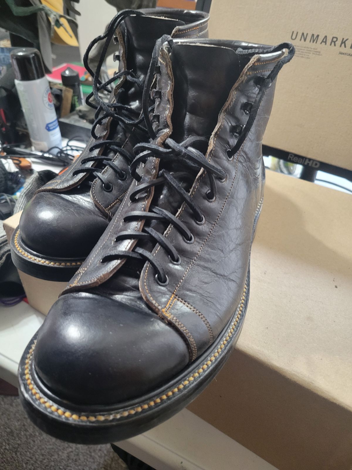 Photo by GrantR on January 2, 2026 of the Unmarked Archie Boots in Cisne Black Vegetable-Tanned Bison.