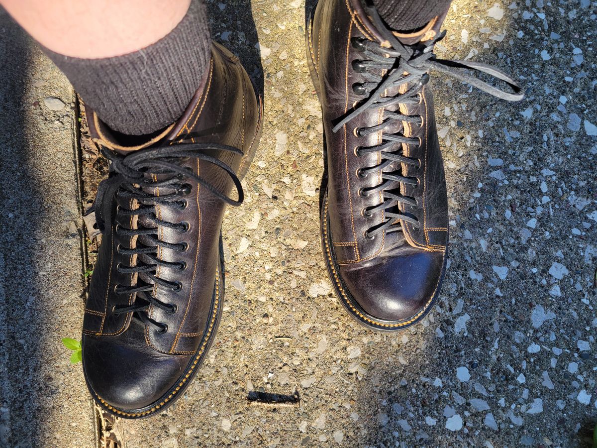 Photo by GrantR on June 19, 2026 of the Unmarked Archie Boots in Cisne Black Vegetable-Tanned Bison.